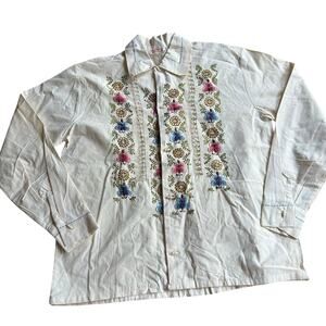 VTG 70s Ivory Mexican Floral Embroidered Button Shirt Blouse Women L/XL